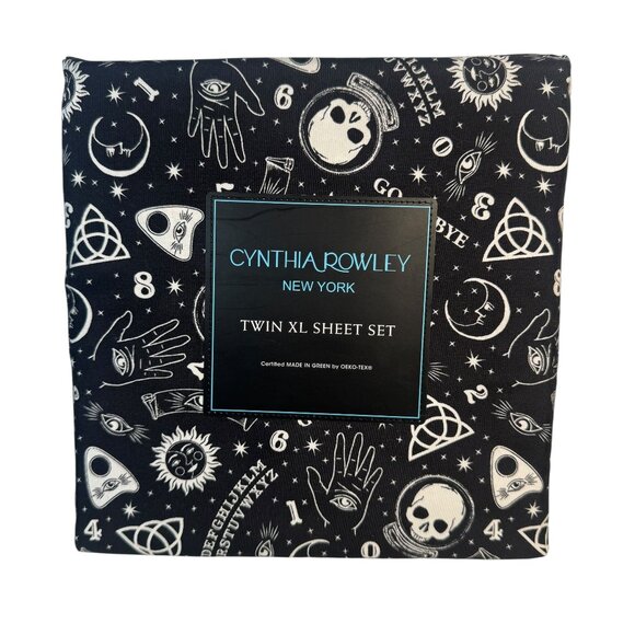Cynthia Rowley Black Twin XL Sheet Set Ouija Sun Stars Moon Skull Halloween NEW - Picture 1 of 3